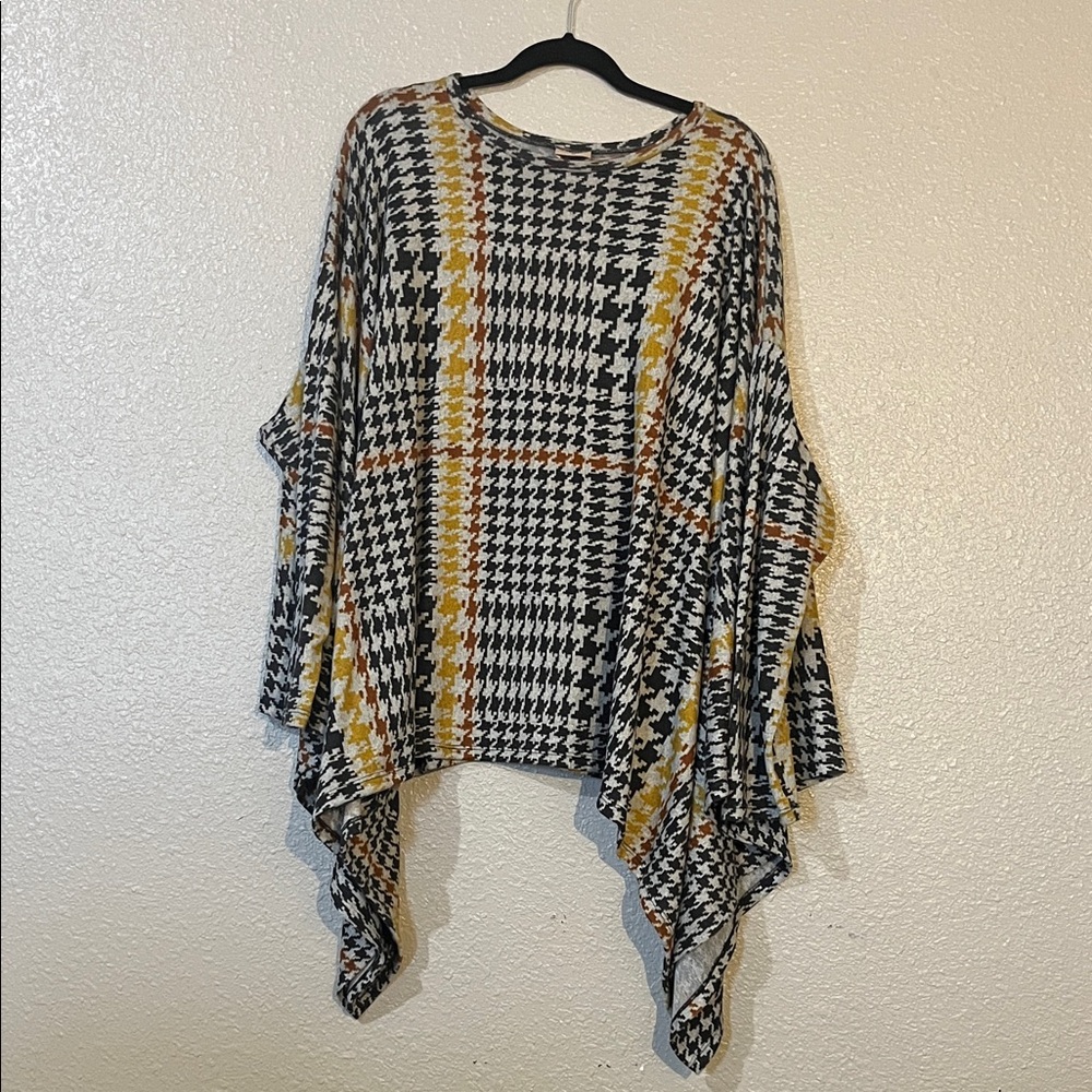 Houndstooth Poncho Style Top with Mustard & Rust Accents